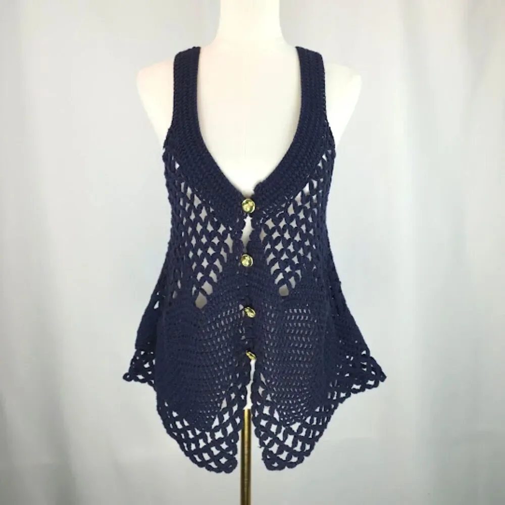 Free People Women's Navy Boho Crochet Knit Cardigan Vest Size XS